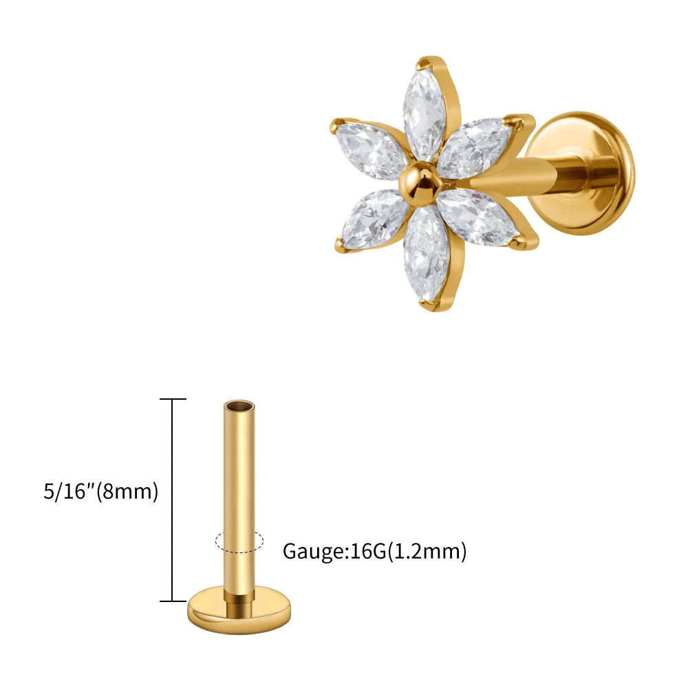 Right Grand ASTM F136 Titanium 16G Marquise Flower CZ Labret Stud Helix Conch Cartilage Tragus Flat Back Piercing Body jewelry