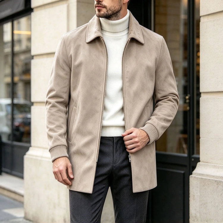 Men Faux Suede Mid Length Coat Autumn Winter Lapel Zipper Jacket Business Casual Slim Fit Windproof  Overcoat Streetwear Outwear