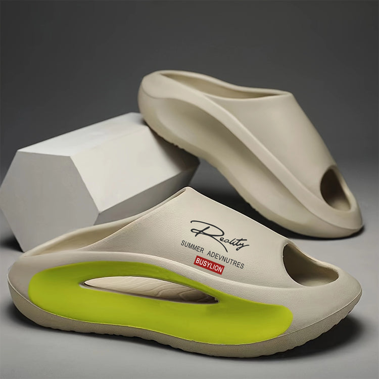 BUSYLION Women's Thick Sole Slide Sandals, Letter Print Slip-On Slippers, Color-Block Open-Toe House Shoes, Non-Slip Elevated Fl