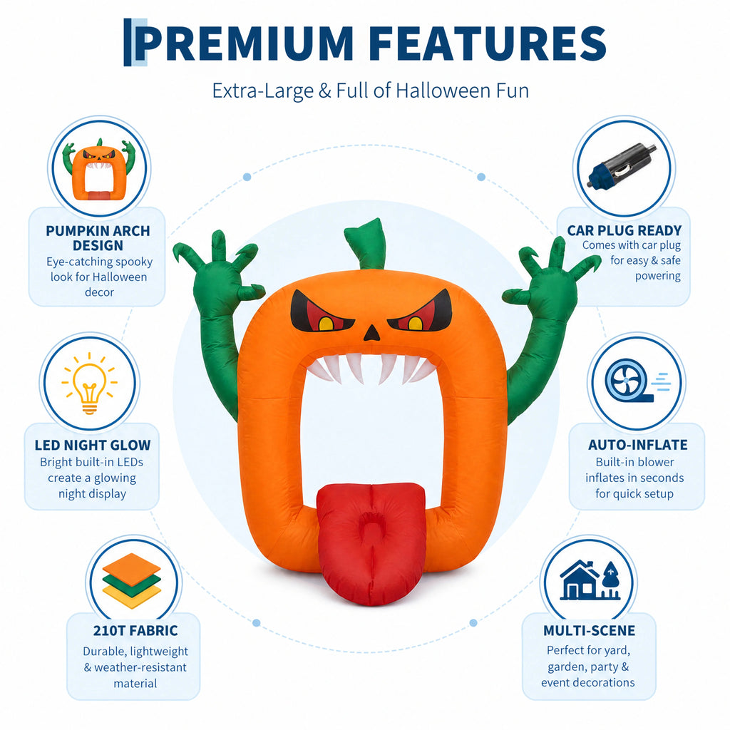 6 FT Inflatable Halloween Pumpkin Arch with LED Lights Self Inflating Outdoor Yard and Trunk or Treat Decoration 210T Polyester 12V Plug Spooky Holiday Party Lawn Garden Night Display Props