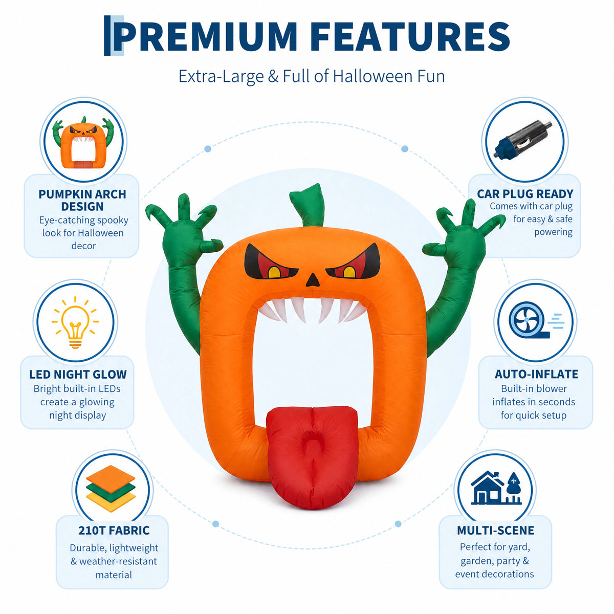 6 FT Inflatable Halloween Pumpkin Arch with LED Lights Self Inflating Outdoor Yard and Trunk or Treat Decoration 210T Polyester 12V Plug Spooky Holiday Party Lawn Garden Night Display Props
