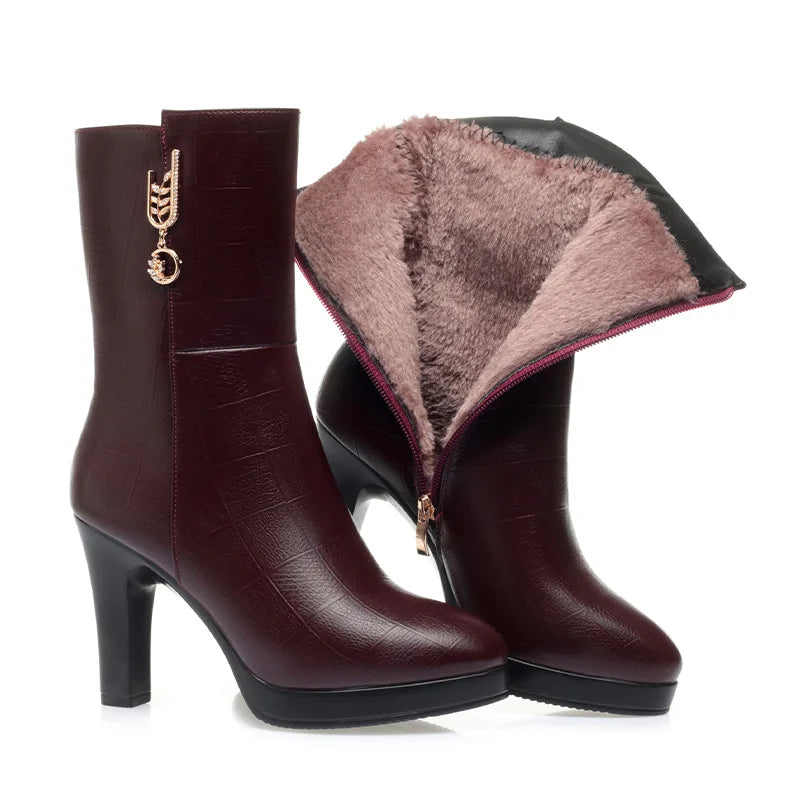 Women's Autumn Winter Fashion Leather Boots Warm High-heeled Plush Trend Mid-calf Zipper Round Head Mother Cotton Boots Outdoor