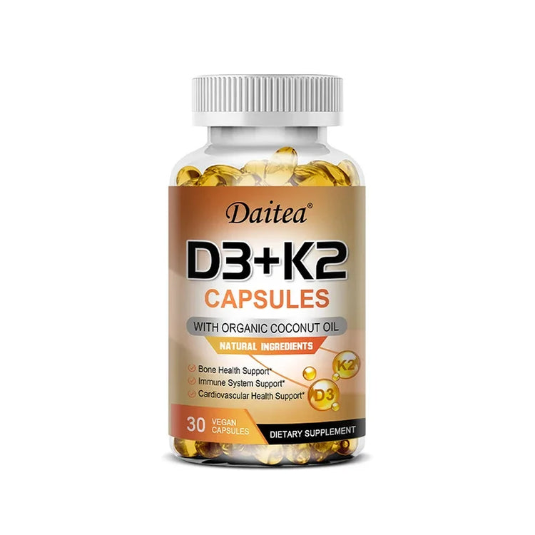 Vegan 2-in-1 Vitamin D3 5000 IU+K2 200mcg MK-7 Capsules Organic Coconut Oil Natural Ingredient Calcium Regulation Immunity