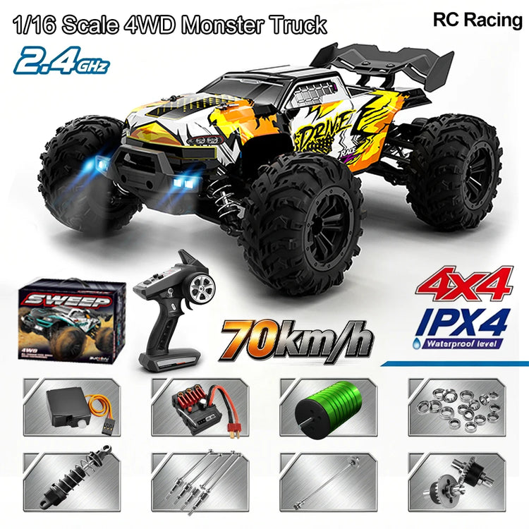 16102 Brushless Professional RC Remote Control Car Four-wheel Drive High Horsepower With LED Off-road Adult Four-wheel Drive 70KM/H High-Speed Drift Racing Boy Toy