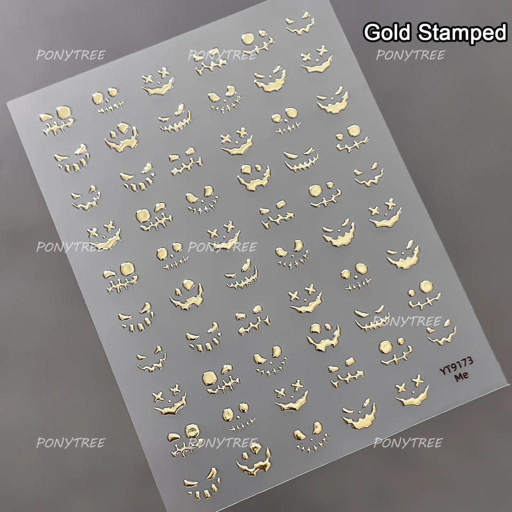 Wicked Pumpkin Expression Horror Face Dark Halloween Metallic Flat Cute Spooky Adhesive Nail Charms Art Sticker Manicure Decals
