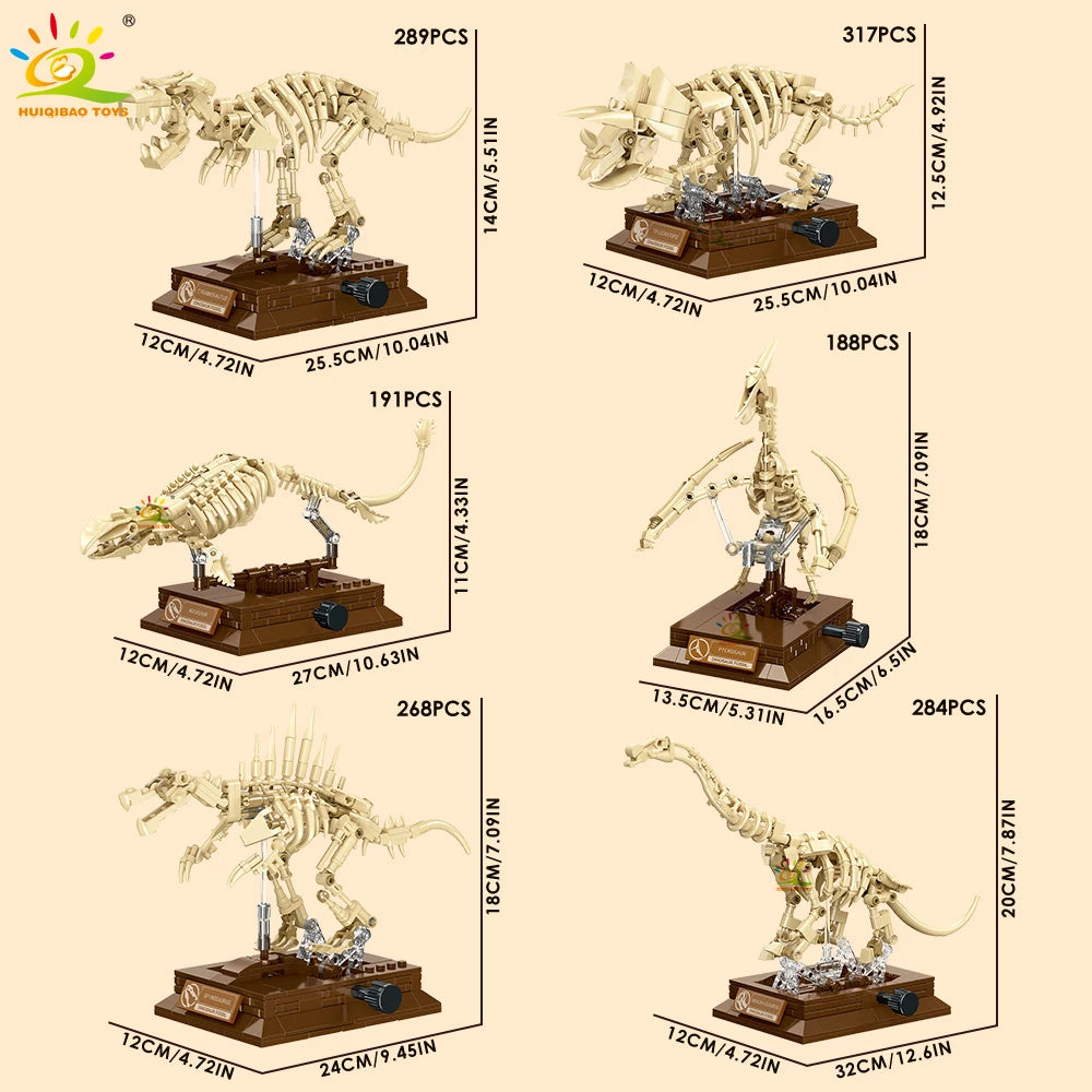 HUIQIBAO Dinosaur Skeleton Fossil Model Building Blocks Triceratops Velociraptor Dino Jurassic Series Bricks for Children Toy