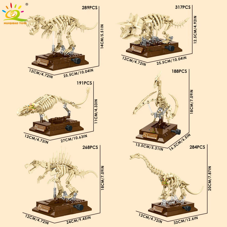 HUIQIBAO Dinosaur Skeleton Fossil Model Building Blocks Triceratops Velociraptor Dino Jurassic Series Bricks for Children Toy