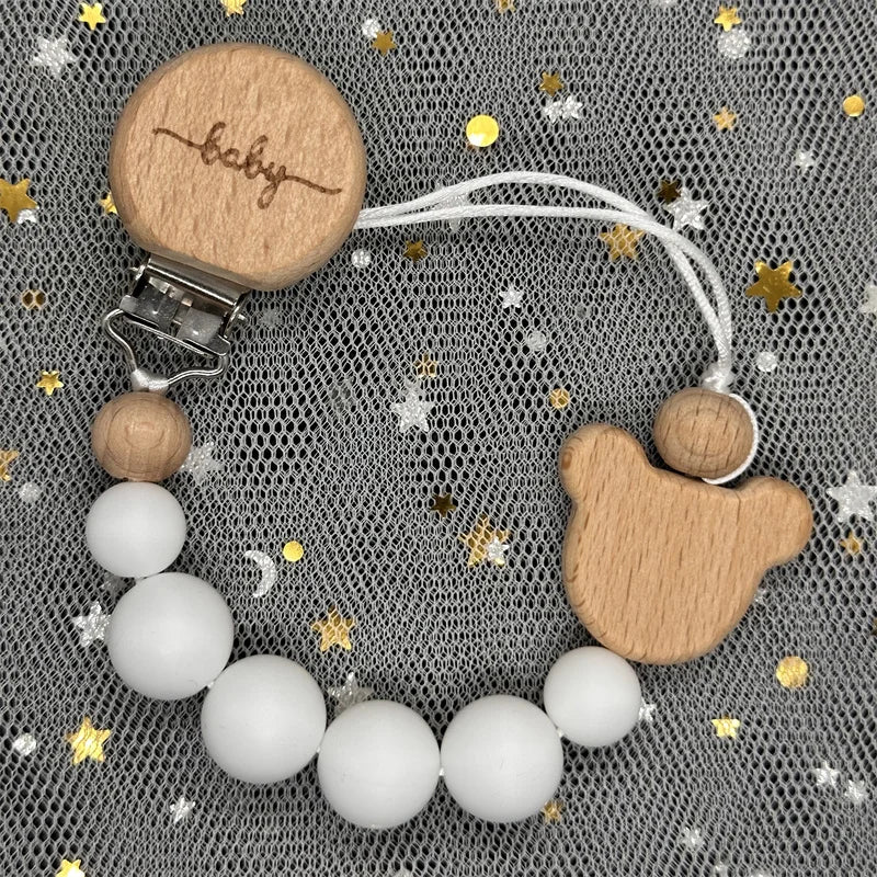 Personalized Baby Pacifier Clip Custom Name Silicone Bead Nipple Dummy Clips Engraved Infant Wooden Pacifier Holder Newborn Gift