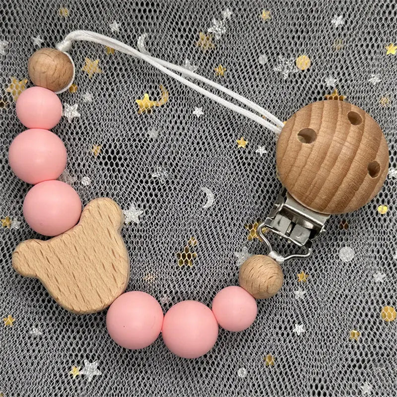 Personalized Baby Pacifier Clip Custom Name Silicone Bead Nipple Dummy Clips Engraved Infant Wooden Pacifier Holder Newborn Gift
