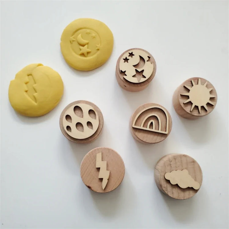 Kids Montessori Wooden Play Dough Stampers Tools Weather Insect Nature Stamps Playdough Fun Activity for Children Sensory Toys