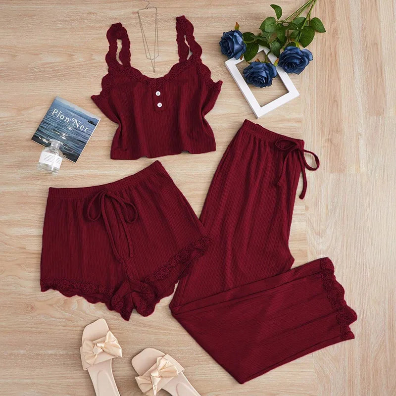 New 2025 Women's Summer 3PCS Pajama Sets Solid Vest Shorts and Pants Paired with Lace Splicing for Homewear Sexy Sleepwear Sets