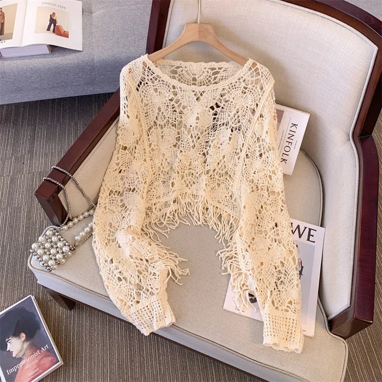Fashionable Large Size Women's  Hook Hollow Knitted Top round Neck Long Sleeve Tassel Short Style Autumn Outerwear