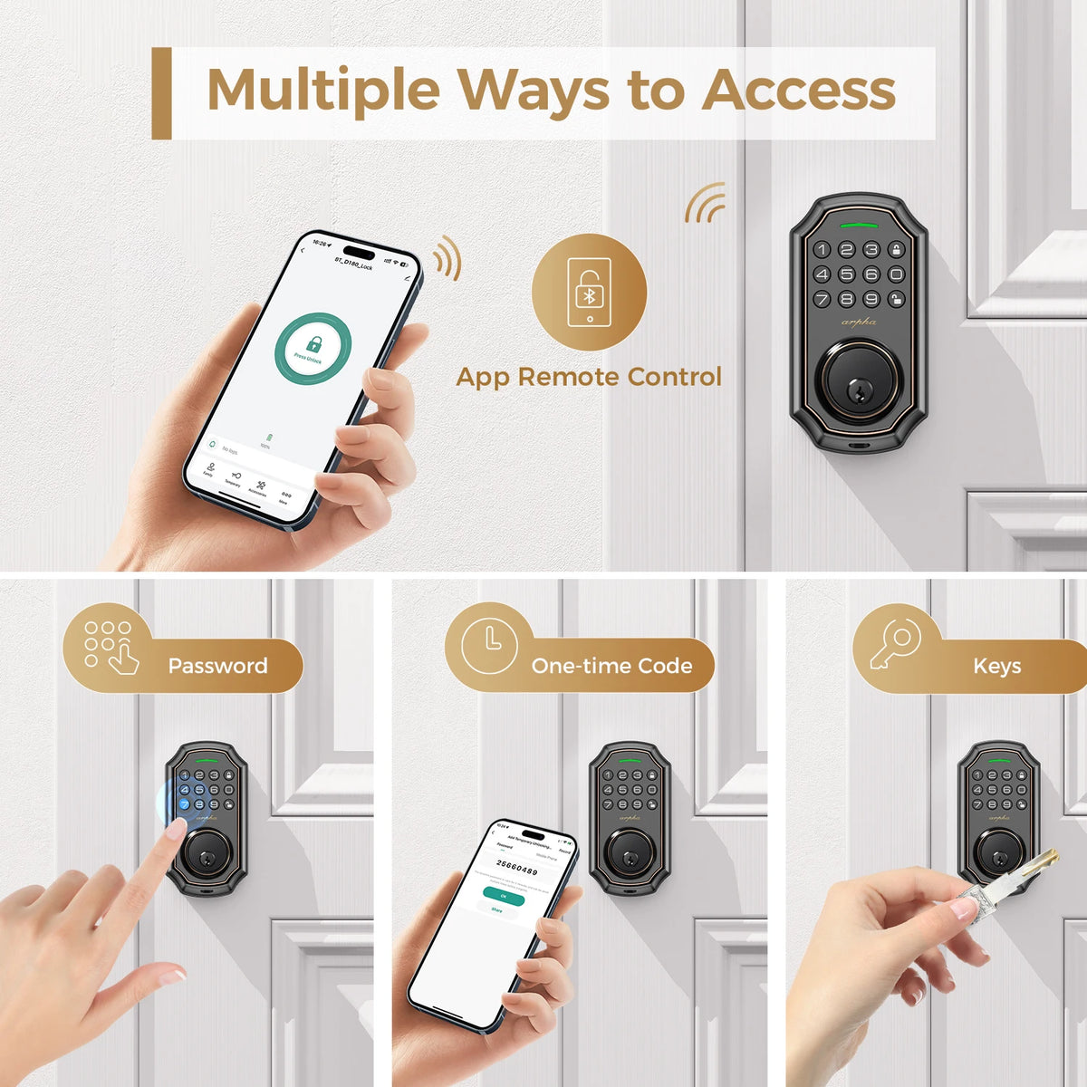 1/2/4PCS Arpha Smart Door Lock Keyless Entry Keypad Electronic Deadbolt WiFi Door Lock with Tuya App Control Auto Lock One-Time Password Anti-Peeping Passcode Battery Powered for Home Front Door
