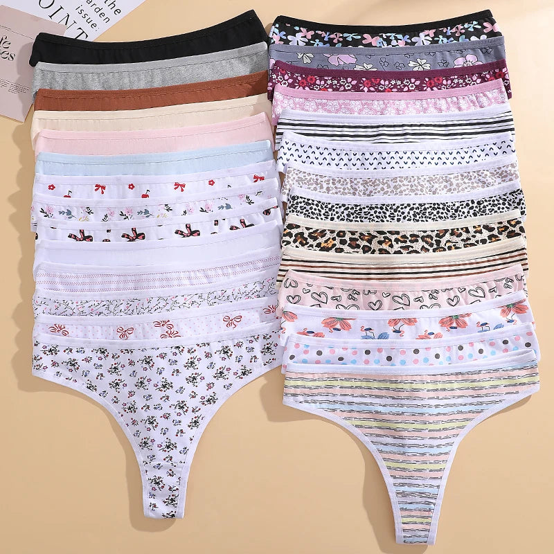 9Pcs Women's Seamless Cotton Panties XS-XXL Multiple Printing T-Back G-strings Sexy Low Waist Breathable Thongs Female Underwear