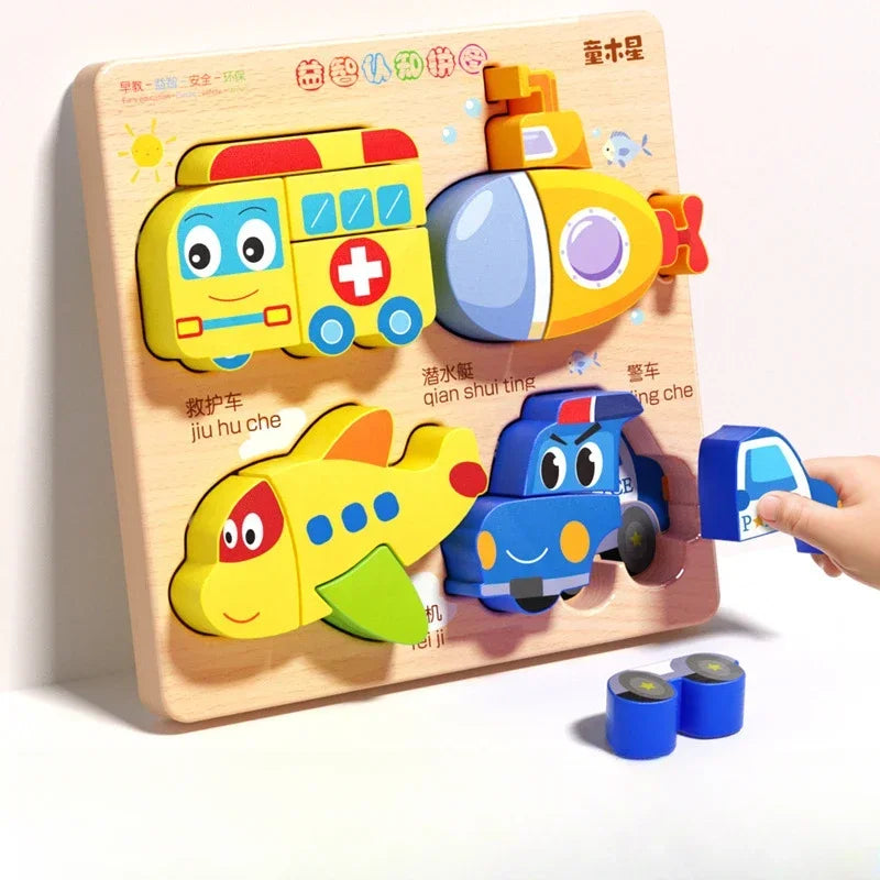 Montessori Cartoon 3D Wooden Puzzle Animal Traffic Jigsaw Toys for Kids Early Learning Educational Cognitive Game Children Gifts
