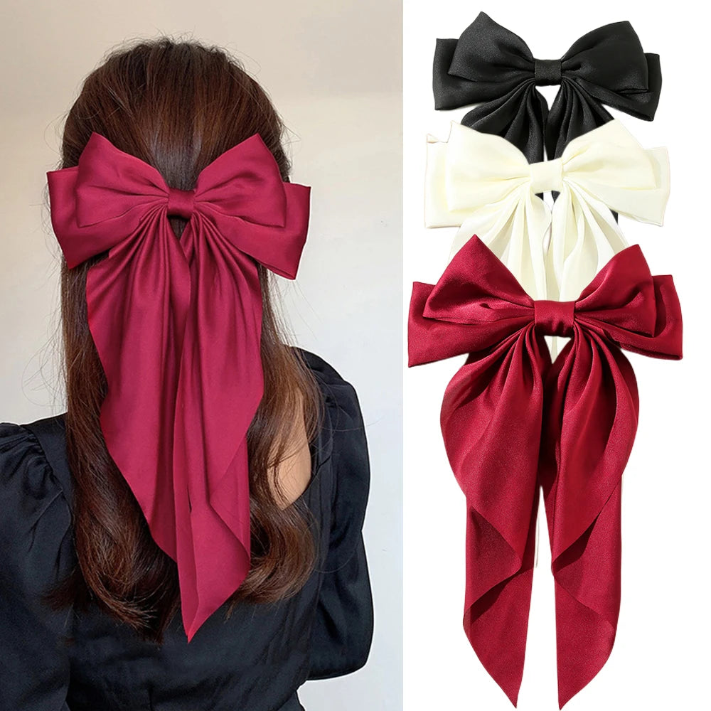 Korean Accessories Hair Clips for Women Girls Big Bowknot Solid Satin Long Ribbon Bows Spring Clamp Barette Cheveux Femme 2023