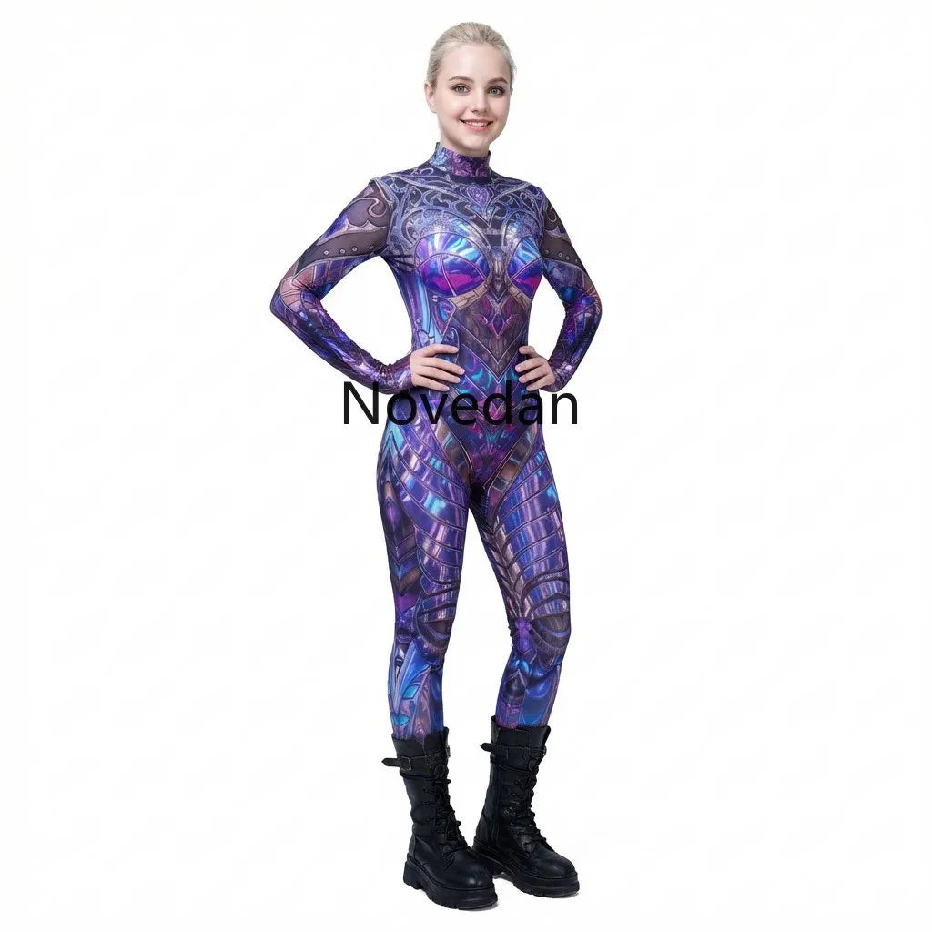 Sexy Fashion Print Jumpsuit Woman Turtleneck Zentai Bodysuit Cyberpunk Steam Tight Suit Halloween Costume Burning Man Outfit