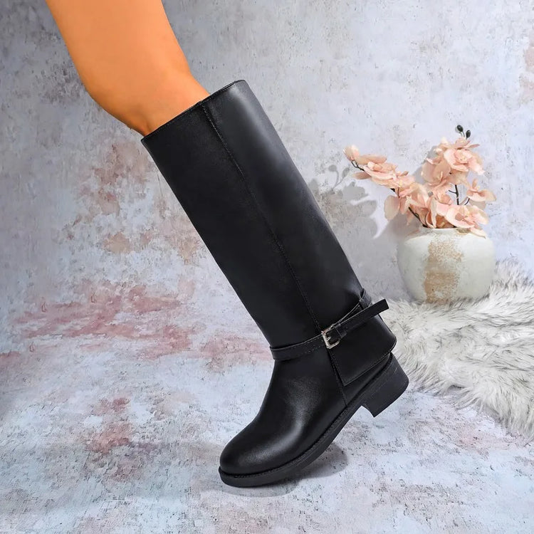 Design Women Knee High Boots Metal Buckle Comfortable Work Heels Shoes Autumn Winter Female Knight Long Booties
