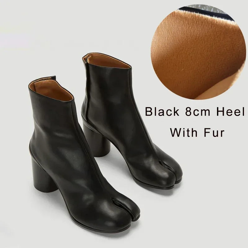 Luxury Brand Designer Tabi Split toe Ankle Boots Women Genuine Leather Chunky Round Heel Short Boots 2024 Autumn Winter Shoes