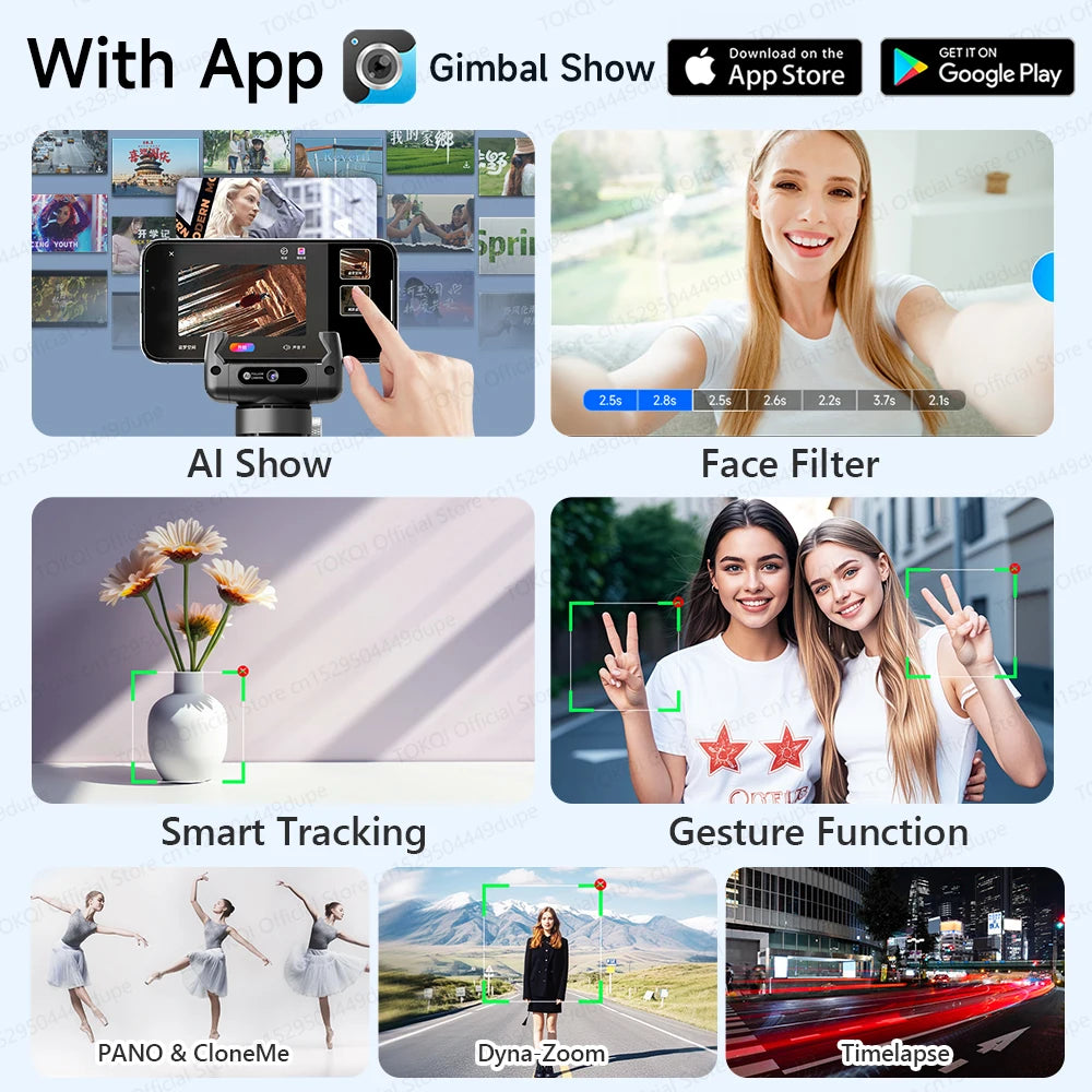 C22 AI Face Tracking Handheld Gimbal Stabiliser 360° Rotation Shoot Selfie Stick Tripod for Mobile Phone, 1/4'' Screw for Camera