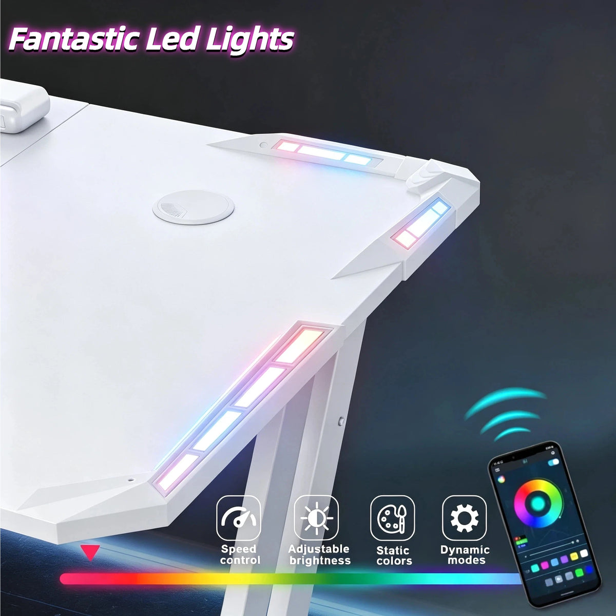 NEBMAAX White Gaming Desk RGB LED Lights Sturdy Z-Frame Workstation with Cup Holder And Headphone Hook for Home Office Gamers