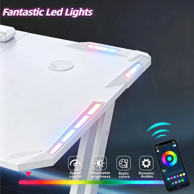 NEBMAAX White Gaming Desk RGB LED Lights Sturdy Z-Frame Workstation with Cup Holder And Headphone Hook for Home Office Gamers