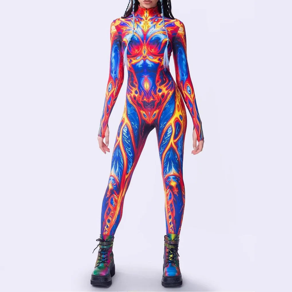 Sexy Fashion Print Jumpsuit Woman Turtleneck Zentai Bodysuit Cyberpunk Steam Tight Suit Halloween Costume Burning Man Outfit