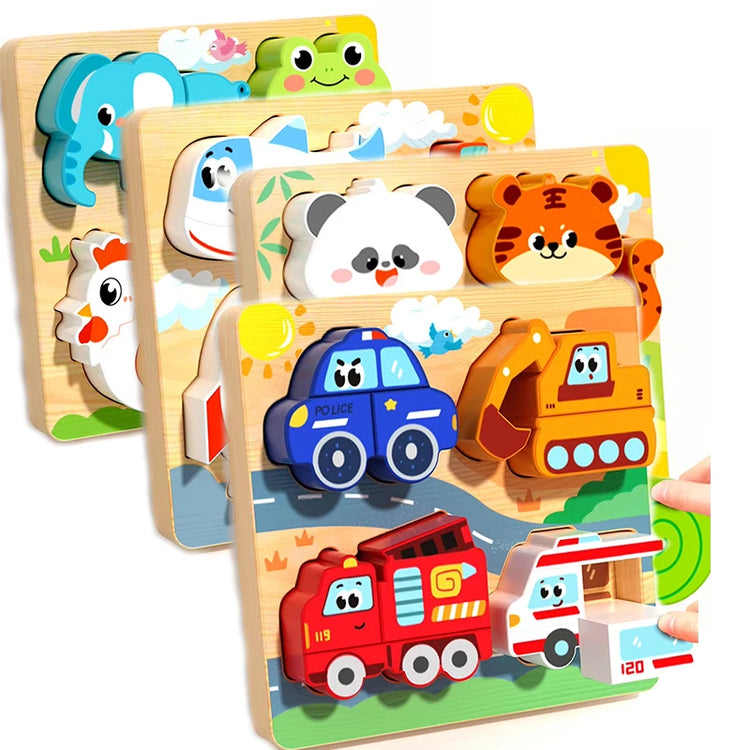 Montessori Wooden 3D Puzzle for Toddlers Animal & Vehicle Shape Matching Blocks Educational Sensory Learning Toy Kids 1-3 Years