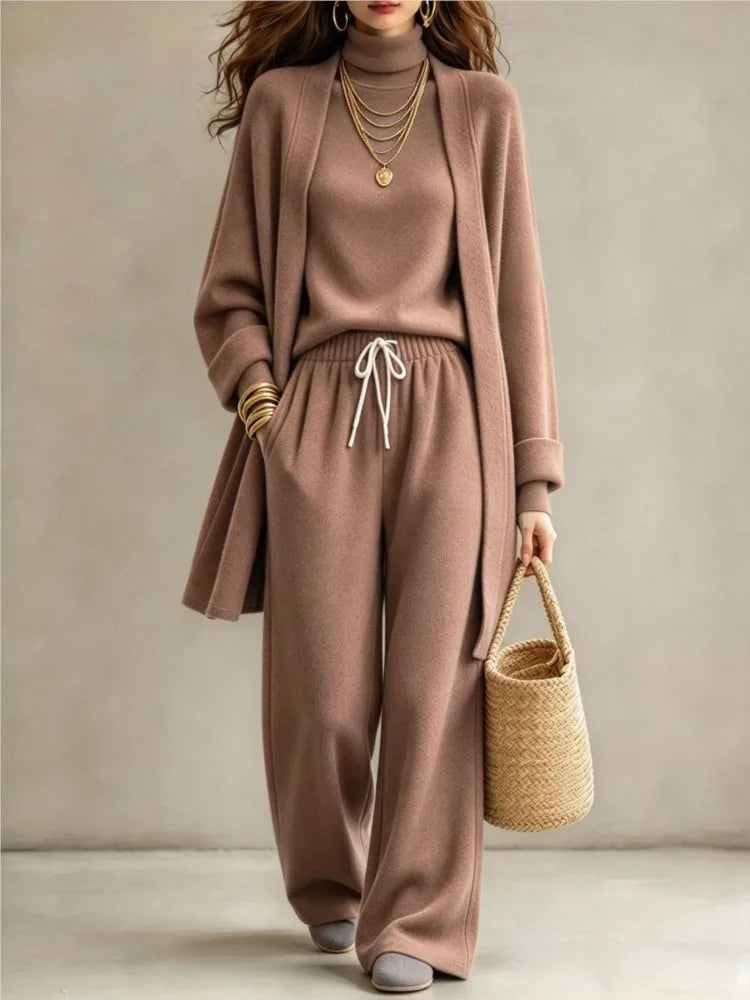 Autumn Winter New Fashion Double-sided Velvet High Collar Base Shirt Long Coat 3-piece Set Women's Casual Warm Wide Leg Suit2026