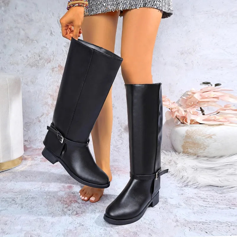 Design Women Knee High Boots Metal Buckle Comfortable Work Heels Shoes Autumn Winter Female Knight Long Booties