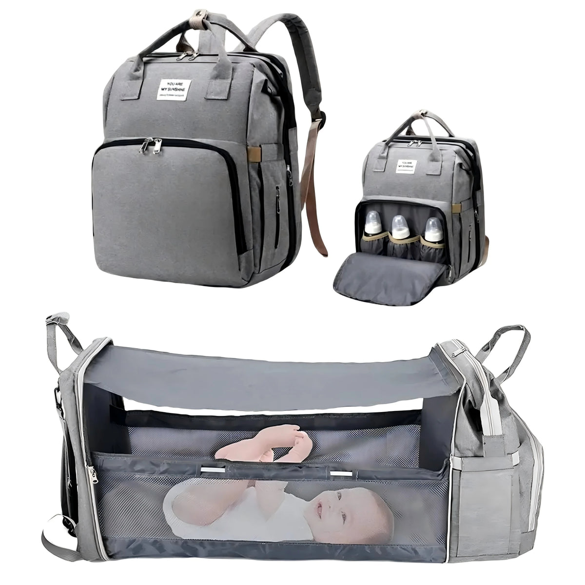 Foldable 3-in-1 Diaper Bag Backpack with USB Charge Waterproof Travel Bag Baby Bed And Changing Mat Included
