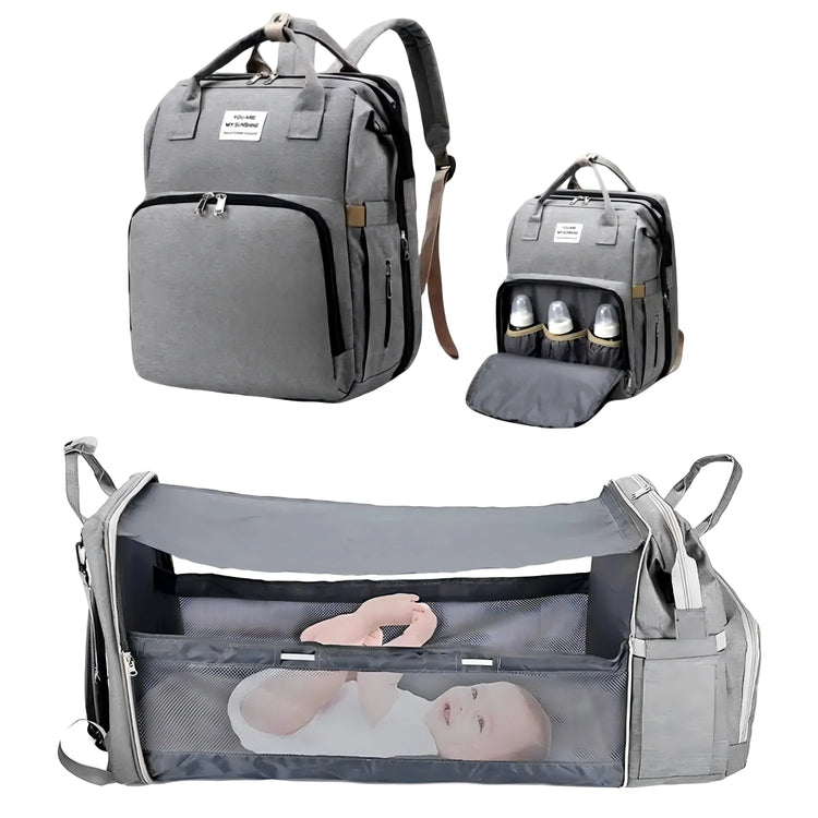 Foldable 3-in-1 Diaper Bag Backpack with USB Charge Waterproof Travel Bag Baby Bed And Changing Mat Included