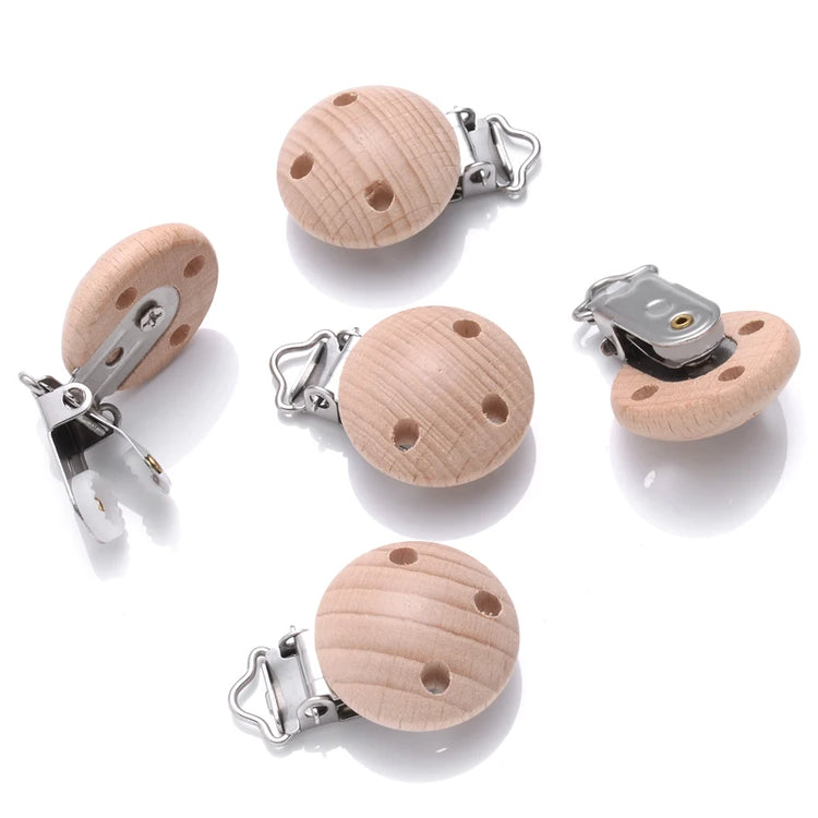 10Pcs Metal Wooden Dummy Nipples Holder Food Grade Chewable Teething Clips DIY Wood Beech Baby Pacifier Chain Nursing Teether