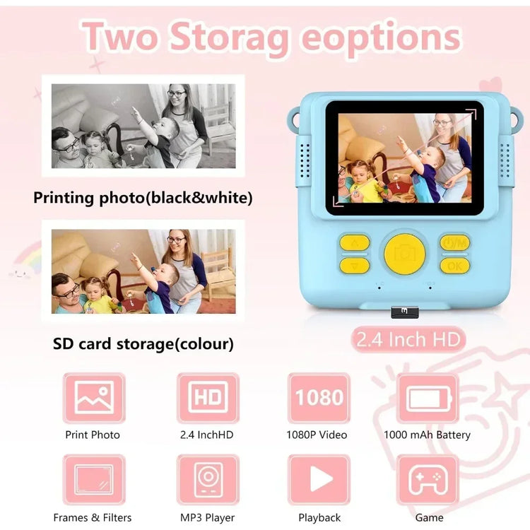 1080P HD Video Camera Portable Instant Print Camera for Kids with 3 Rolls Photo Paper and 32GB Card Perfect Toy Toddlers