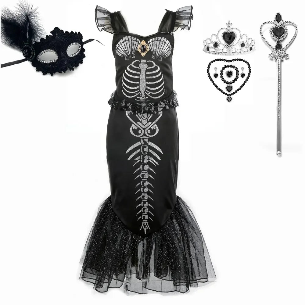 New Skeleton Little Mermaid Halloween Horror Costume Ariel Princess Costume Kids Birthday Party Prom Dress For Girls