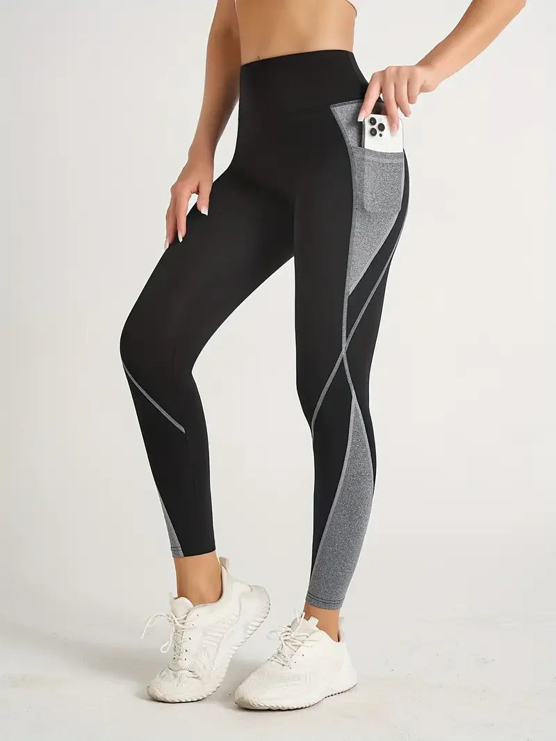 Contrast Color Patchwork Side Pocket Yoga Pants High Waist Tummy Control Hip Lifting Yoga Leggings Sportawear For Women
