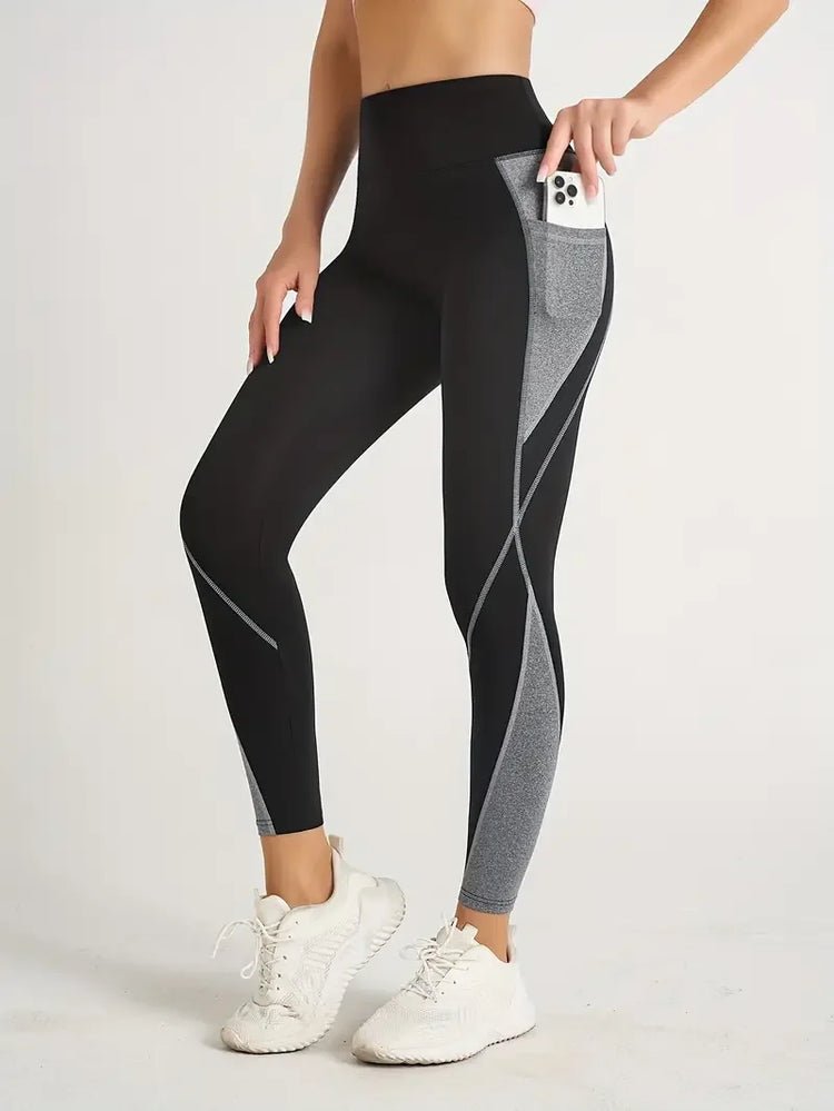 Contrast Color Patchwork Side Pocket Yoga Pants High Waist Tummy Control Hip Lifting Yoga Leggings Sportawear For Women