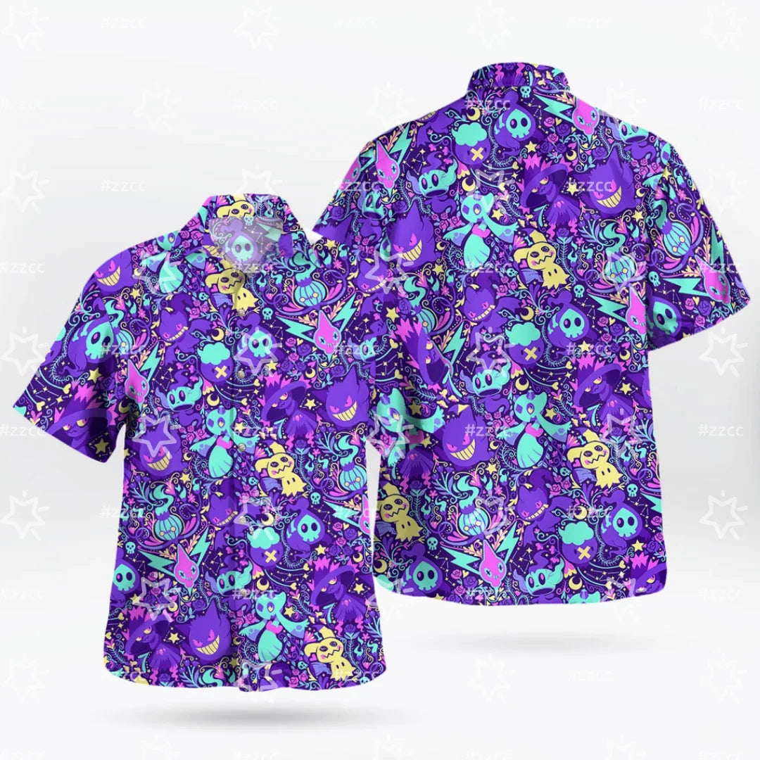 Summer Men's Short Sleeved Purple Toned Ghost Print Breathable Sweat Wicking Beach Vacation Casual Shirt