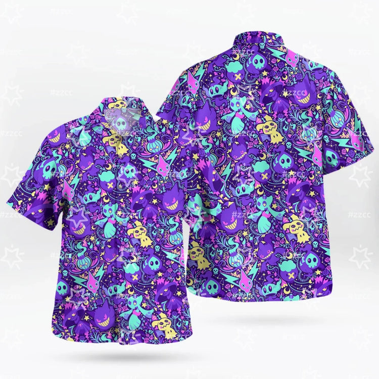 Summer Men's Short Sleeved Purple Toned Ghost Print Breathable Sweat Wicking Beach Vacation Casual Shirt