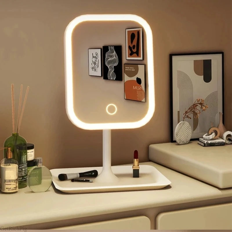 Unique Designer Vanity Mirror Three ColorsLEDLight Makeup Mirror Touch Control Desktop Mirror Bedroom Dressing Mirror
