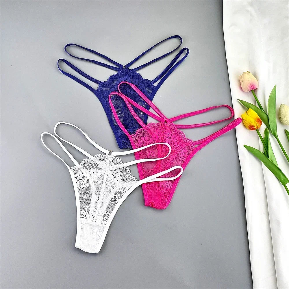 3 Pcs Lace Thin Strap Thong Women Low Waist Sexy Perspective Underwear Ladies Transparent G-string Panty Plus Size T-back