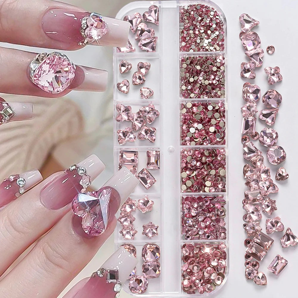 12 Grids 3D Champagne Nail Art Rhinestones Mixed Round,Fat Square,Heart,Butterfly Glass Diamond Nail Charms DIY Manicure Decor *