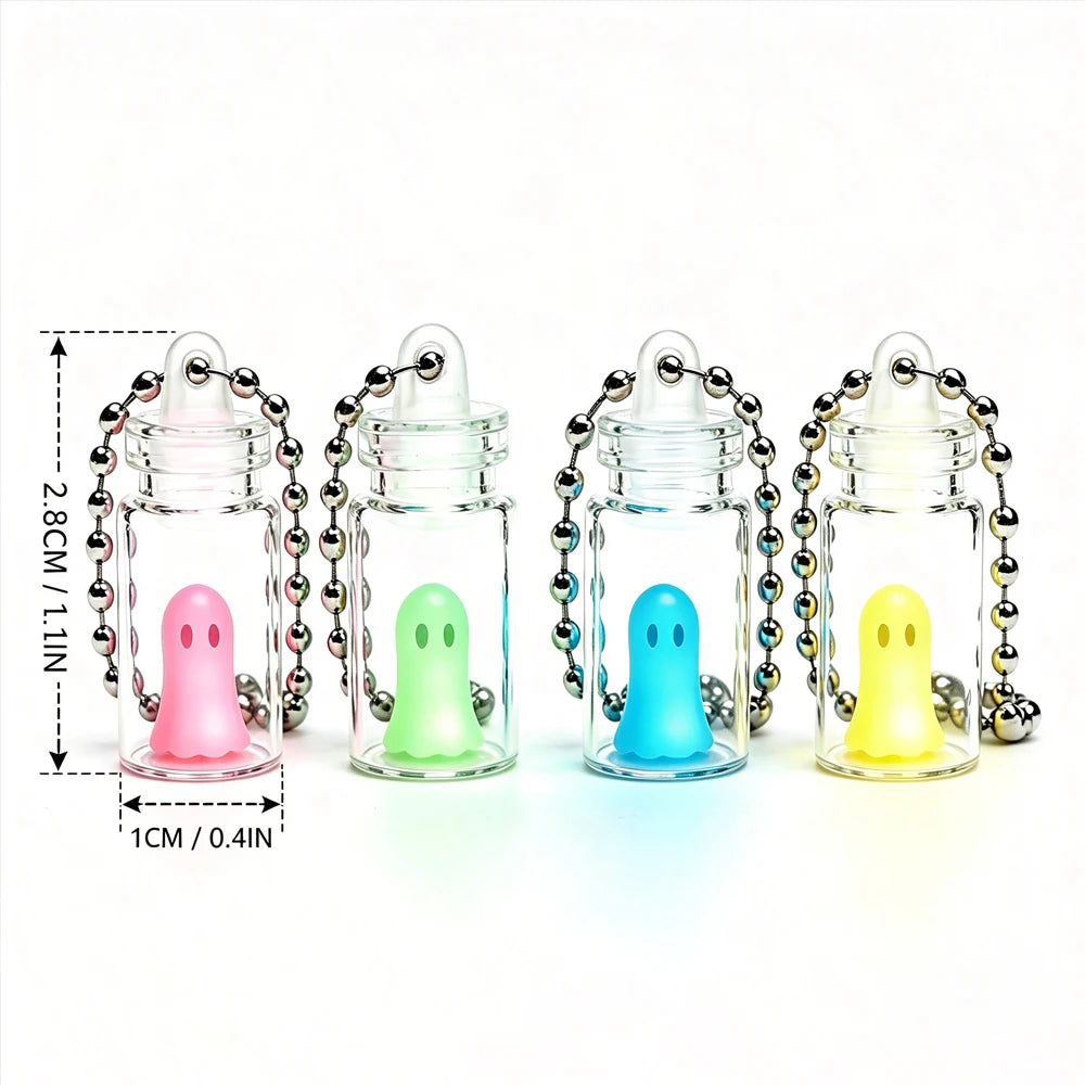 4pcs Exquisite Luminous Ghost Keychain Set Halloween Multicolor Tiny Glow Drifting Bottle Keyrings Adopt Ghost Spectre Jewelry