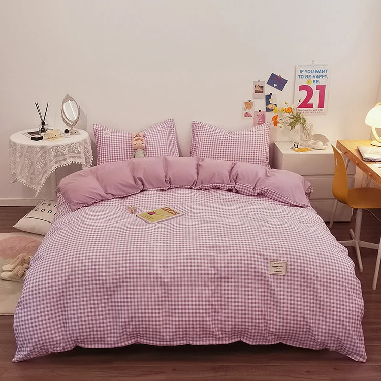 100% Cotton Duvet Cover Set,Bedding Set With Plaid Stripe,Skin Friendly Breathable,1 Duvet Cover,2 Pillowcase,Japan Simple Style