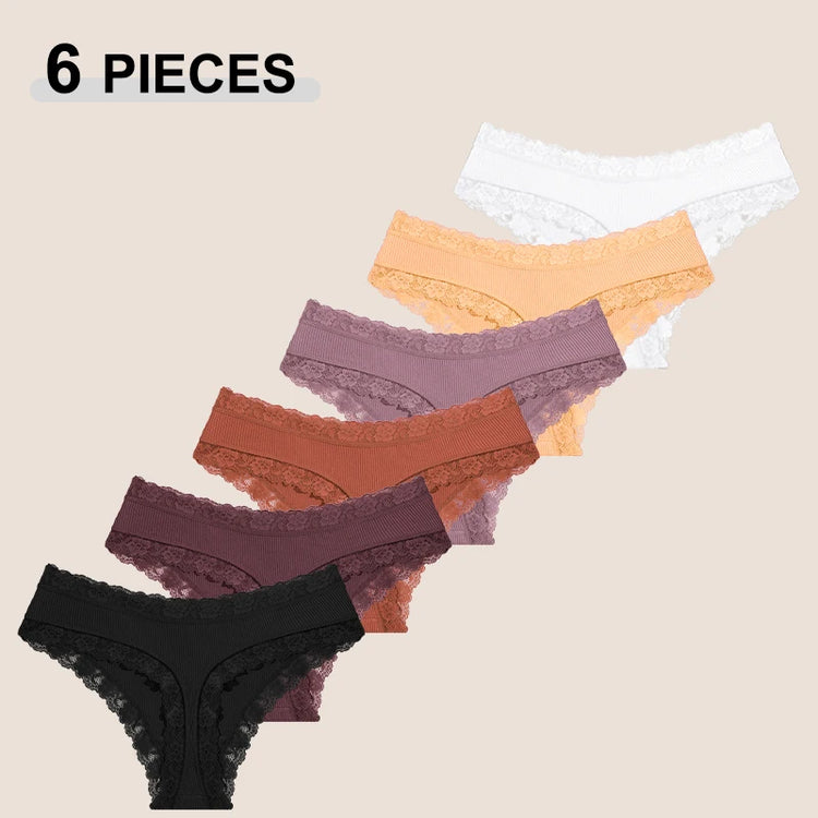 6Pcs/Set Cotton Patchwork Lace Panties Women Solid Color Breathable Low Waist G-strings Underwear Ladies Soft Comfortable Thongs