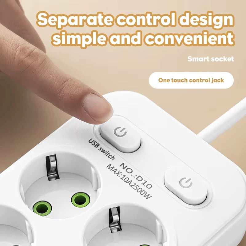EU Plug AC Outlet Multitap Power Strip 2m Extension Cord Electrical Socket Smart USB Home Office Surge Protector Network Filter