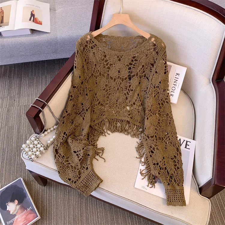 Fashionable Large Size Women's  Hook Hollow Knitted Top round Neck Long Sleeve Tassel Short Style Autumn Outerwear
