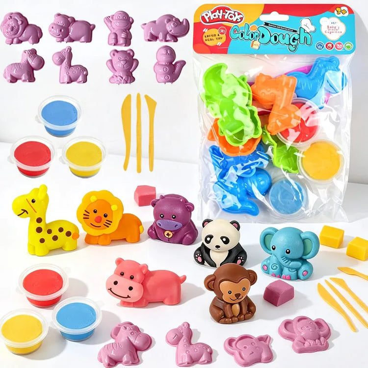 3D Animal Clay Set with Mold Children DIY Creativity Play Dough Set Safe Non-toxic Cartoon Molding Dough Accessories Kit for Kid