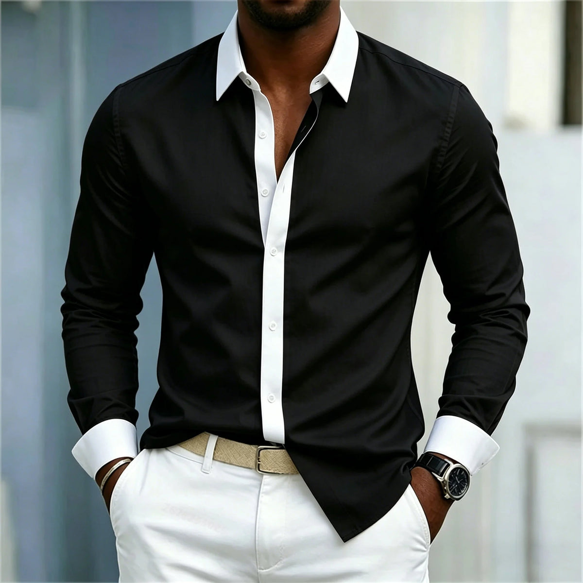 Men's Shirt Black And White Contrasting Splicing Men's Lapel Long Sleeved Shirt Slim Fit Business Casual Men's Top Size