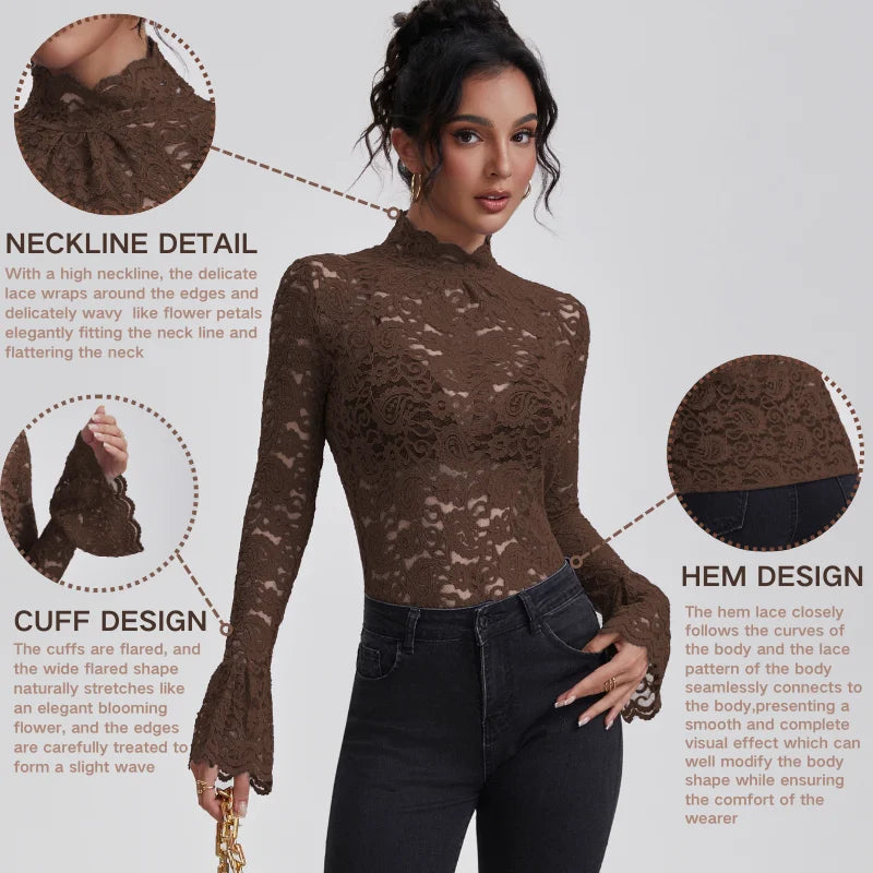 Anfilia Women Lace Shirts Turtle Neck Elegant Flare Long Sleeves Hollow Out Slim-fit Crochet Sexy Blouse